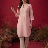 Pink Mirror Work Cotton Kurta Set
