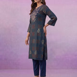 Navy All-Over Printed Cotton A-Line Kurta Set