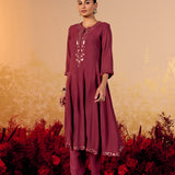 Tara Matt Maroon Embroidered Anarkali Suit Set