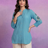 Aqua Cotton Resham Sequin Embroidered Shirt