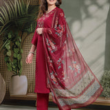 Silk Blend Floral Yoke Embroidered Kurta Palazzo Dupatta Set