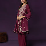 Aarvi Wine Floral Embroidered Suit Set with Dupatta