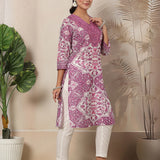 Floral Printed Mukaish Silk Straight Kurti