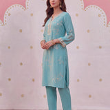 Noor Cyan Blue Aari Embroidered Suit Set