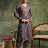 Wool Blend Floral Printed Kurta Trouser Dupatta Set