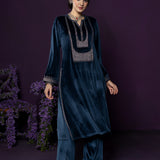 Fareen Teal Embroidered Velvet Suit Set with Dupatta