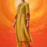Vanya Fire Mustard Embroidered Panelled Kurta Set