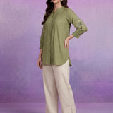 Light Green Cotton Resham Sequin Embroidered Shirt