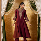 Misha Wine Maroon Embroidered Anarkali Kurta Set