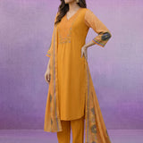 Yellow Printed Suit Set with Applique Neckline
