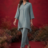 Aqua Teal Embroidered Cotton High-Low Co-Ord Set