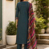 Cotton Blend Embroidered Kurta Trouser Dupatta Set