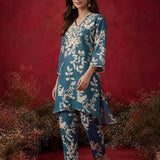 Blue Printed Cotton Blend Relaxed Co-ord Set