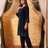 Yashvi Hunter Green Embroidered Velvet Kurta Set
