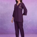Purple Rayon V-Neck Co-ord Set with Palazzo