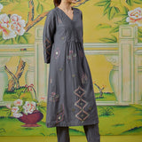 Zoya Mouse Gery Embroidered Panelled A-Line Kurta Set