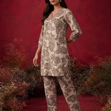 Cream Metallic Print & Pearl Kurta Set