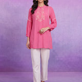 Pink Rayon Embroidered Mandarin Collar Top