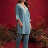 Teal Embroidered Cotton Blend Regular Kurta Set