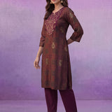 Wine All-Over Printed Cotton A-Line Kurta Set