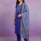 Bright Blue Printed Suit Set with Applique Neckline