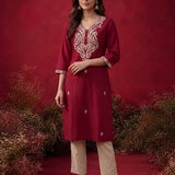 Fuchsia Embroidered Cotton Straight Kurta Set