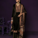 Vedhi Olive Green Embroidered Velvet Suit Set with Brasso Dupatta