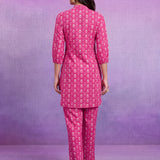Fuchsia Pure Cotton Embroidered Mandarin Collar Co-ord Set