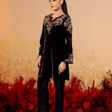 Siya Coffee Brown Embroidered Velvet Corduroy Co Ord Set