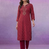 Red All Over Printed Kurta Set with Dori Embroider