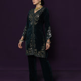 Paro Green Resham Embroidred Velvet Long Co-ord Set