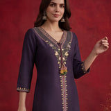 Ibadat Deep Purple Floral Embroidered Rayon V-neck Kurta Set with Pockets