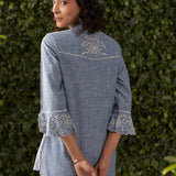 Sara Blue Embroidered Chambray Shirt for Women