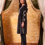 Kavya Mouse Grey Embroidered Velvet Kurta Set