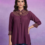 Women’s Wine Viscose Smocked Yoke Straight Tunic