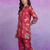 Red Cotton Blend Printed Sequin Co-ord Set