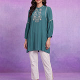 Green Rayon Embroidered Mandarin Collar Top