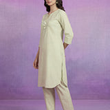 Ivory Cotton Slub Resham Zari Embroidered Kurta Set