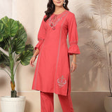 Cotton Blend Floral Embroidered Kurta Trouser Set
