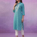 Aqua Blue All-Over Printed Cotton Cambric Straight Kurti