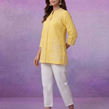 Yellow Embroidered Cotton Slub Relaxed Top