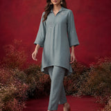 Aqua Teal Embroidered Cotton High-Low Co-Ord Set