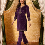 Varnika Royal Purple Embroidered Velvet Kurta Set