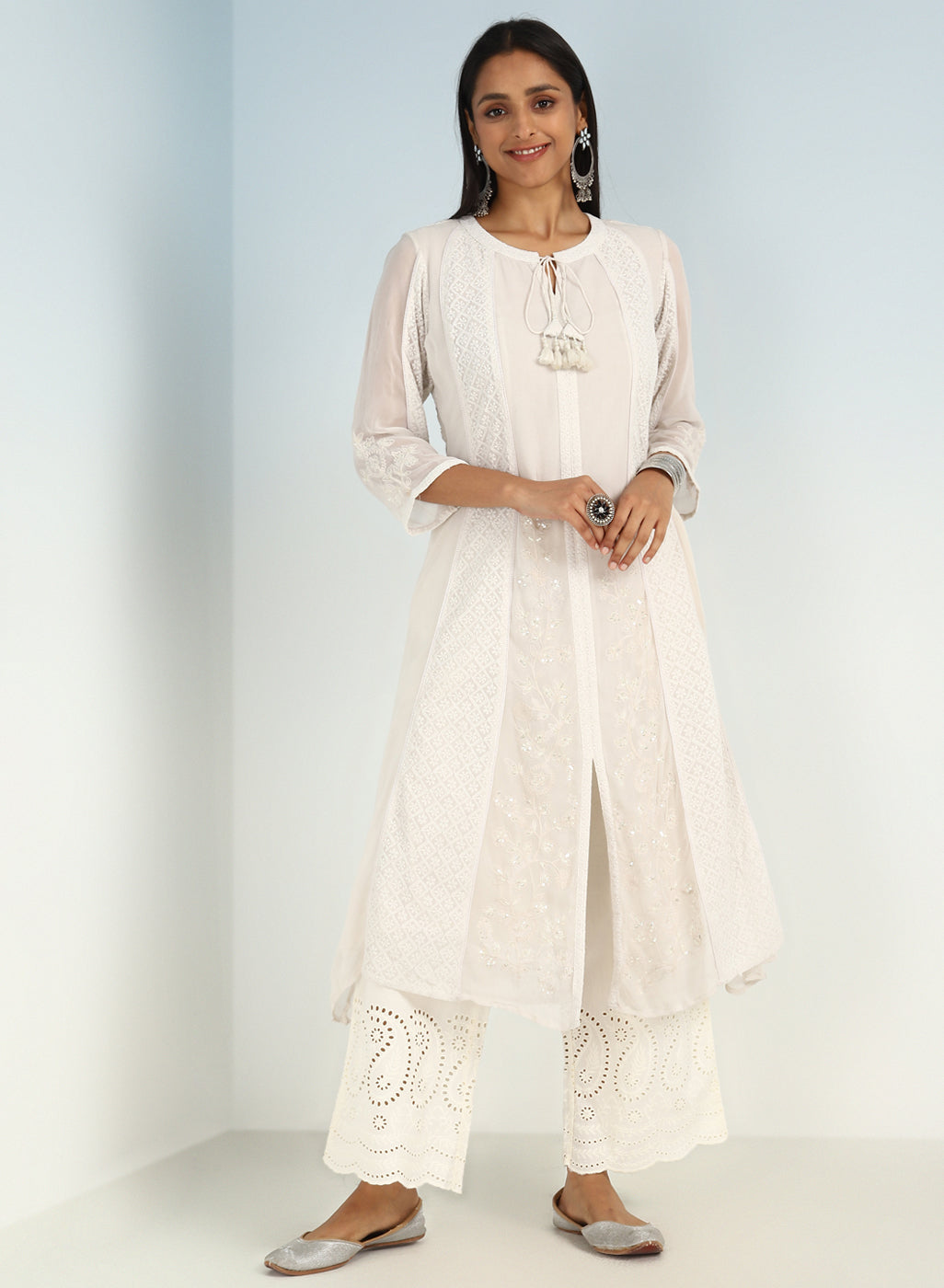 Ivory Embroidered A-line Kurta for Women