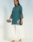 Teal Embroidered Tunic for Women with Lace Inserts