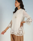 Ivory Embroidered Tunic for Women with Lace Inserts