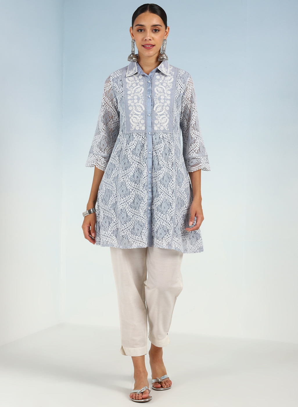 Spa Blue Lace Collared Tunic for Women