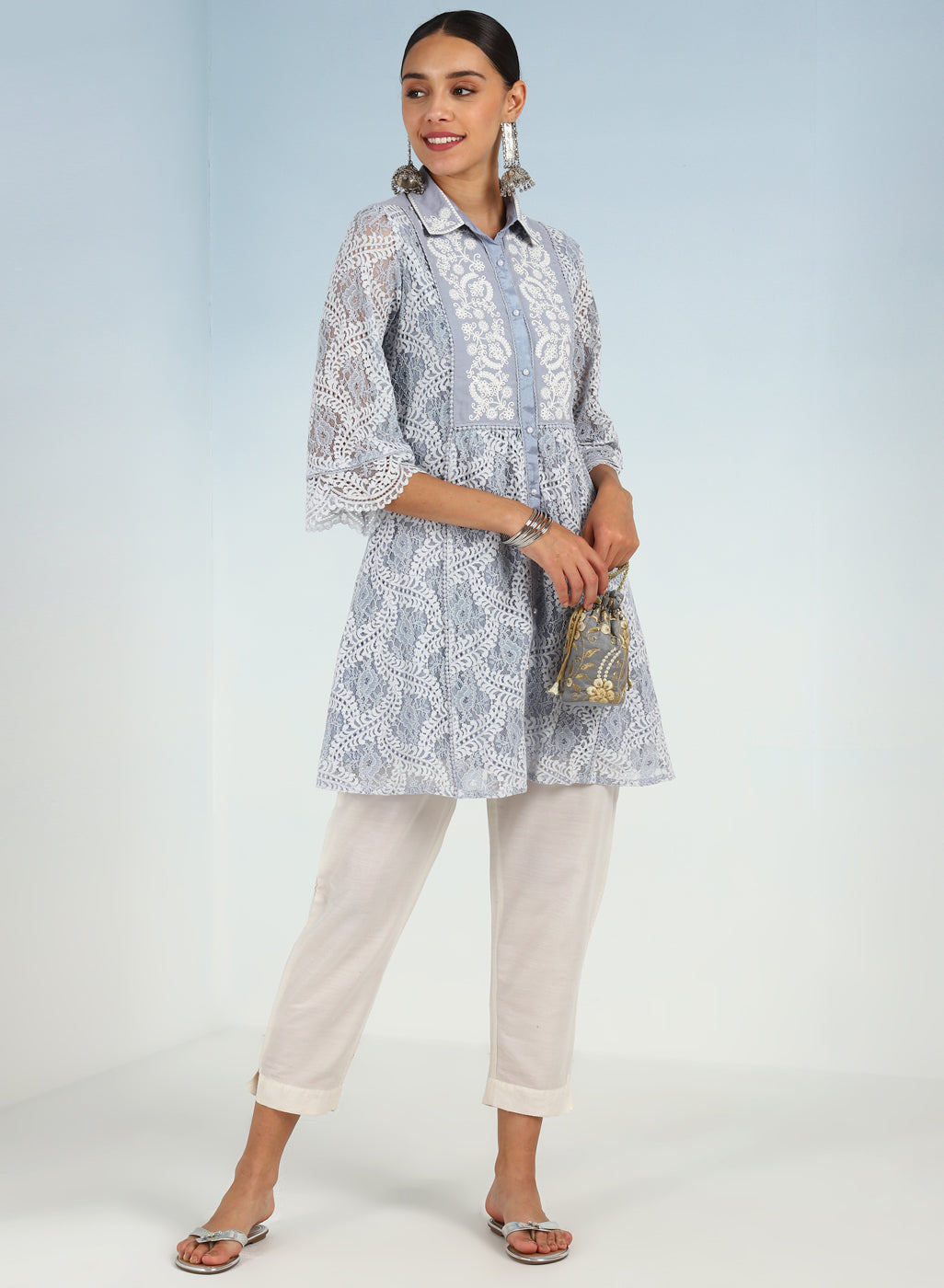 Spa Blue Lace Collared Tunic for Women