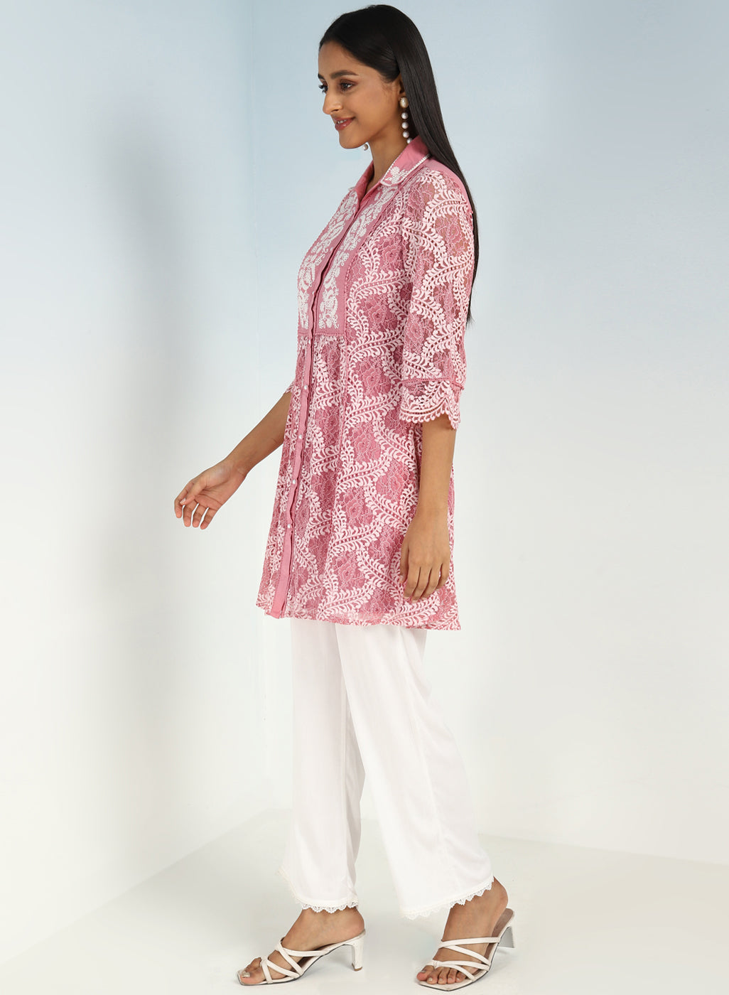 Peach Lace Collared Tunic for Women