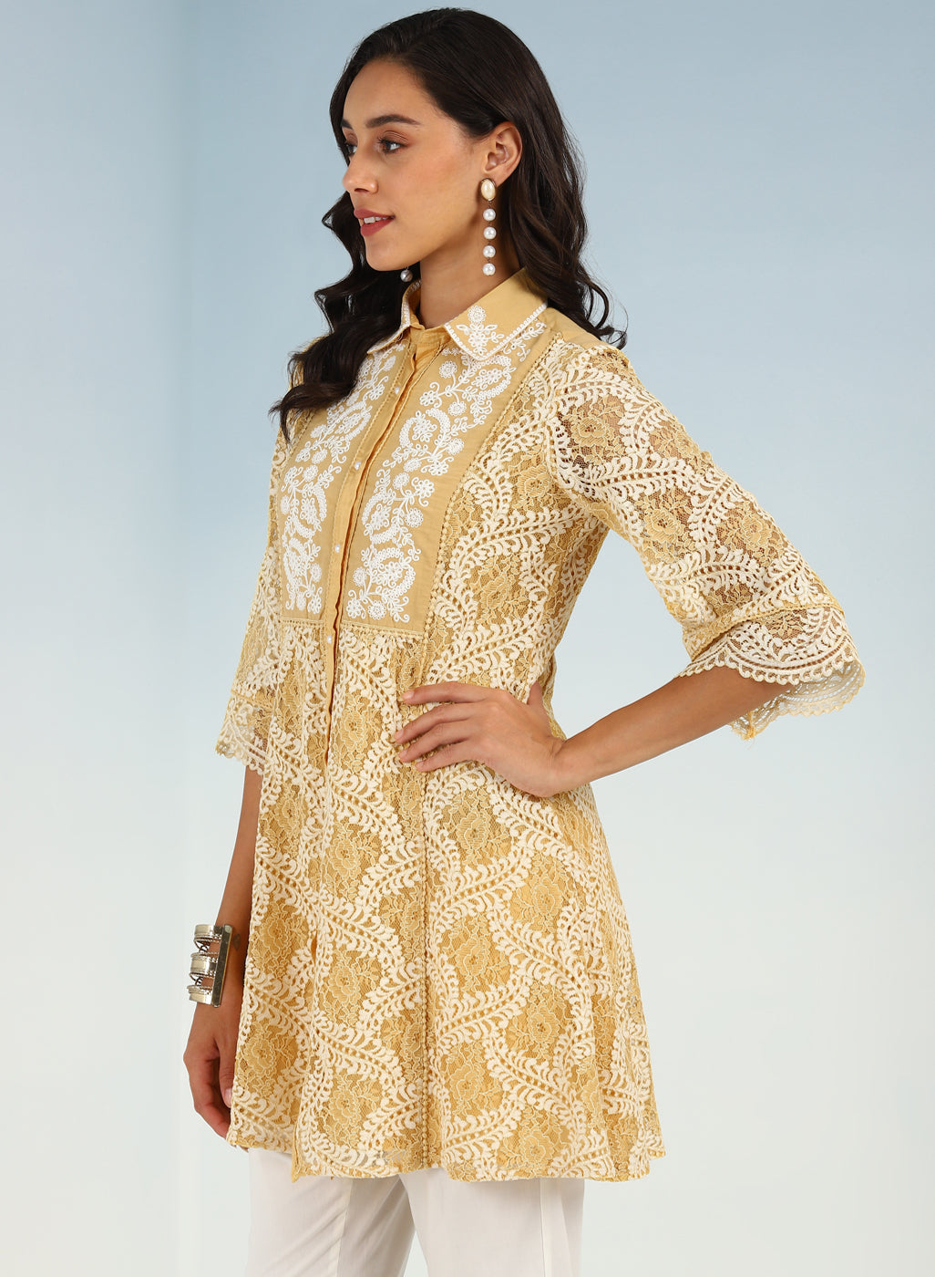 Mustard Lace Collared Tunic for Women